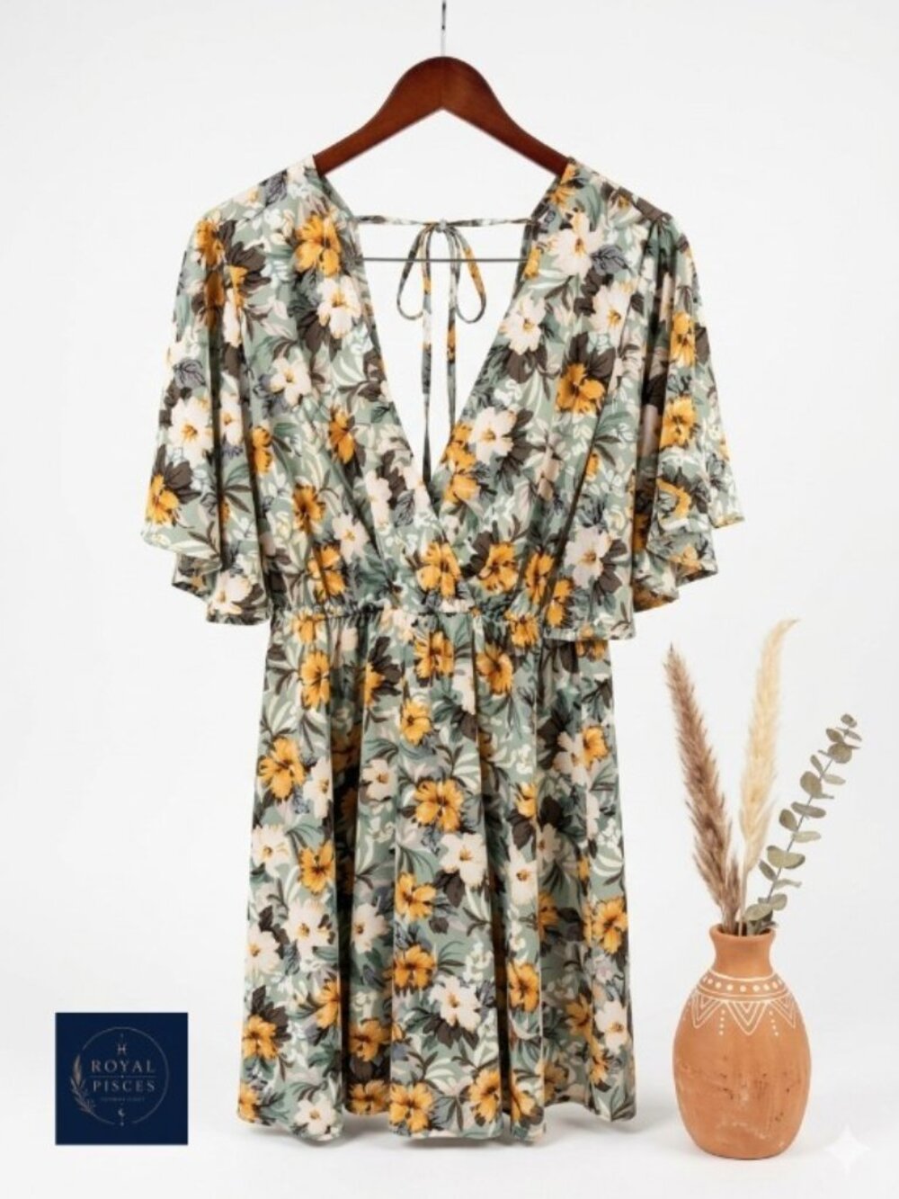Boho Sage Green & Yellow Floral Back-Tie Dress